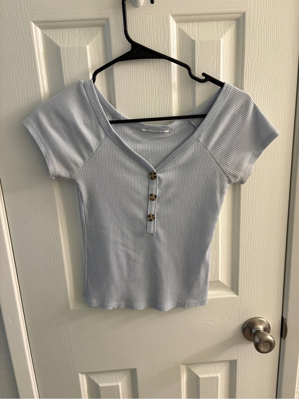 Caution To The Wind Light Blue Ribbed Henley Short Sleeve Top